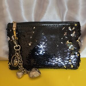 Kathy Ireland Black Sequin Clutch with Keychain Heart Charms